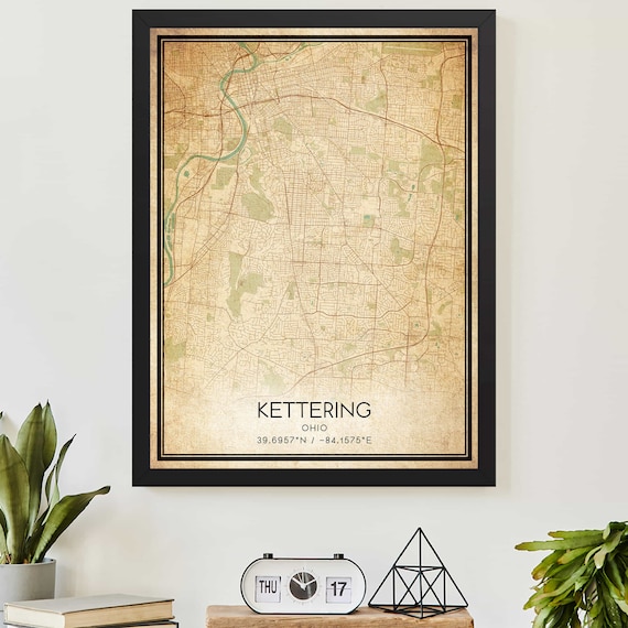 Vintage Kettering Ohio City Map Art Poster With Coordinates Decor
