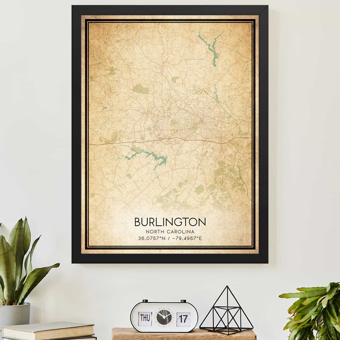 Burlington North Carolina Vintage City Map Poster with Coordinate Details