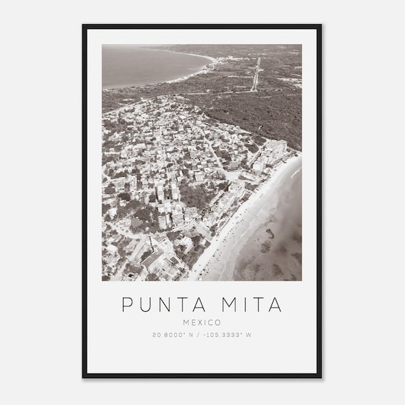 Punta Mita Mexico Black and White Coastal Aerial Beach Photo Poster
