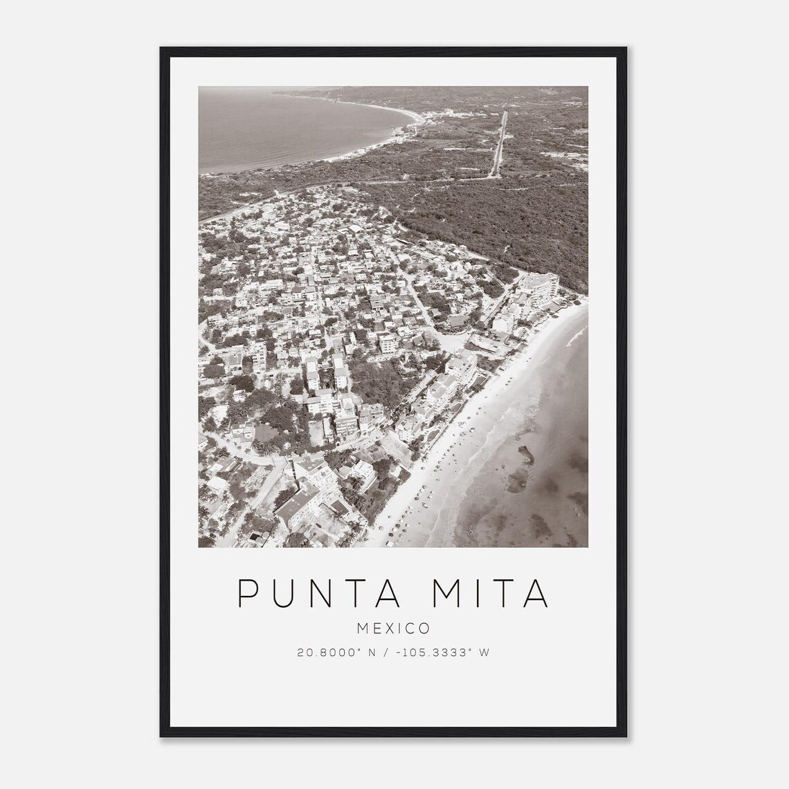 Punta Mita Mexico Black and White Coastal Aerial Beach Photo Poster