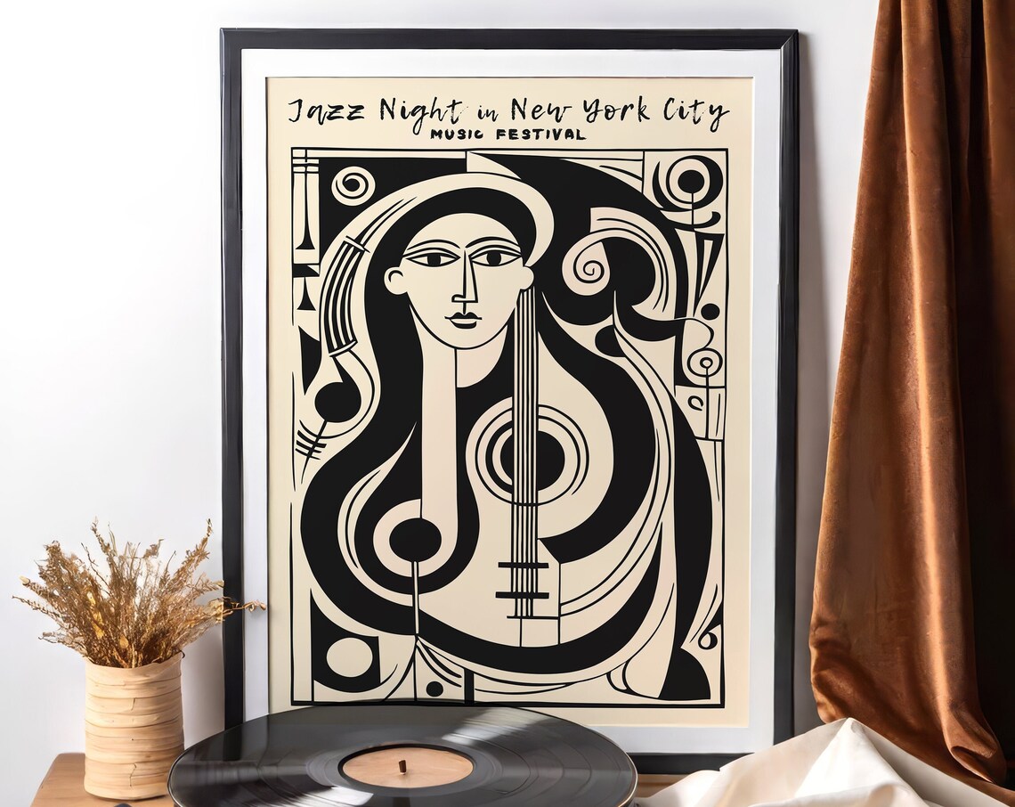 Striking Monochrome Jazz Night New York City Cubist Guitar Poster