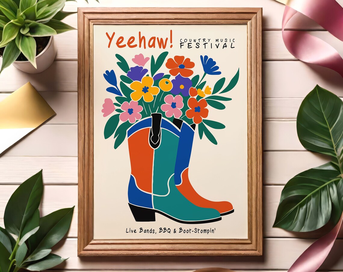 Retro Colorful Yeehaw Country Music Festival Cowboy Boot Poster