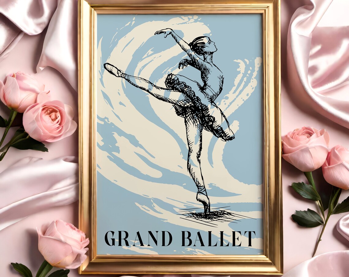 Grand Ballet Blue Sketch Ballerina Arabesque Dance Art Poster
