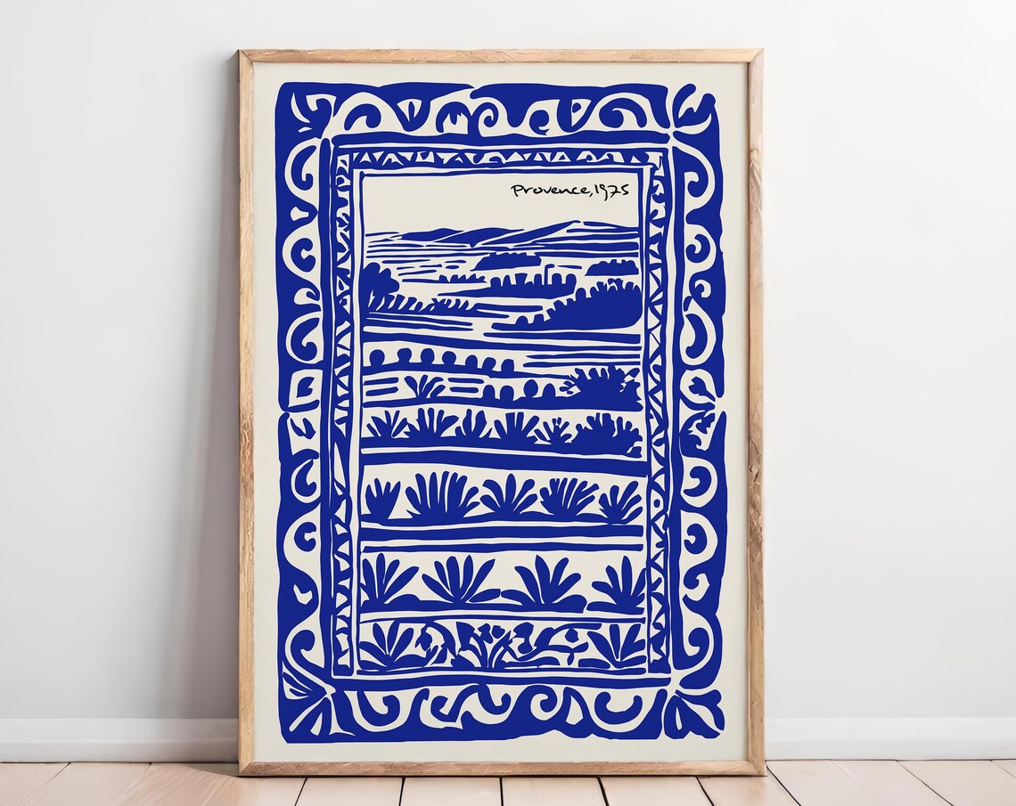 Provence 1975 Blue French Countryside Landscape Linocut Poster