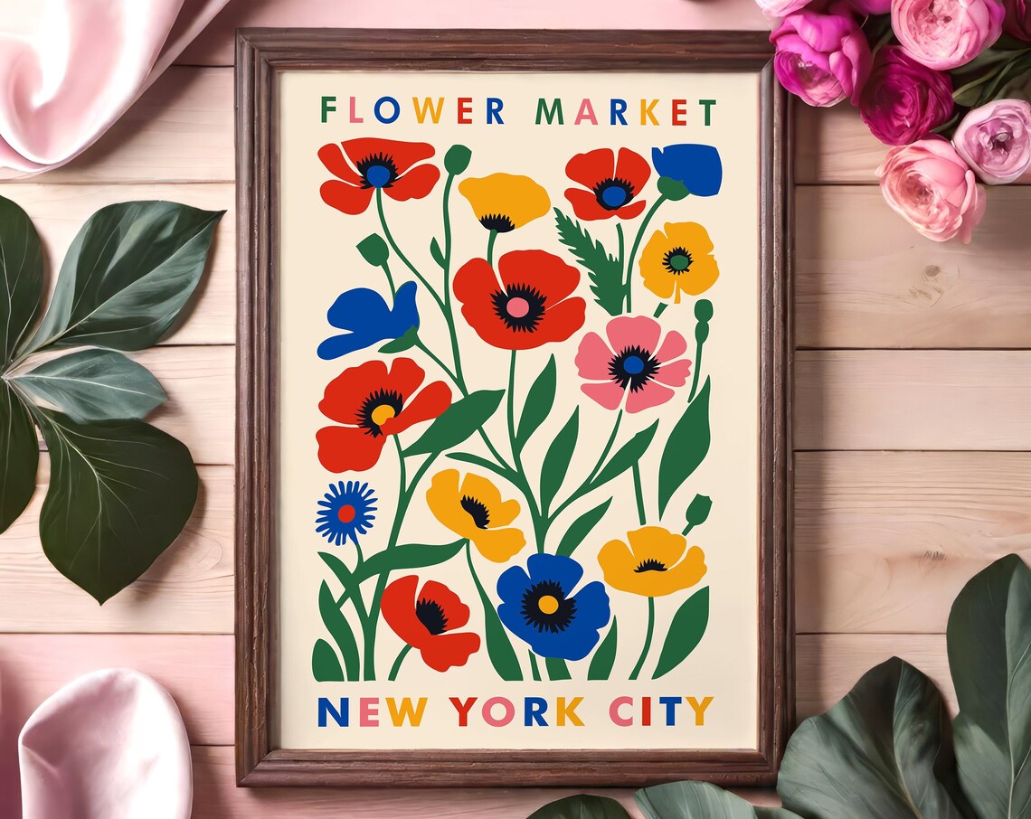 Vibrant Flower Market New York City Retro Poppy Botanical Poster