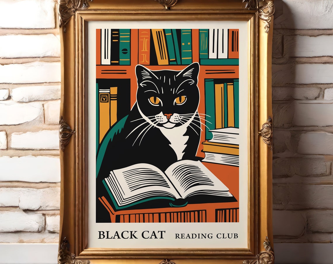 Retro Black Cat Reading Club Library Book Lover Vintage Poster