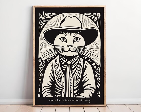 Cowboy Cat Linocut Poster Where Boots Tap and Hearts Sing Along