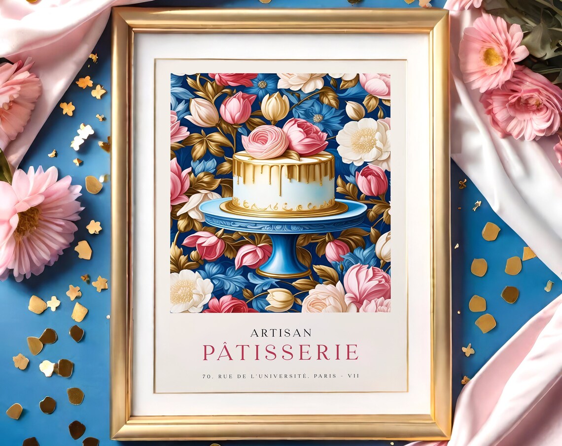 Artisan Patisserie Paris Floral Gold Drip Cake Bakery Poster