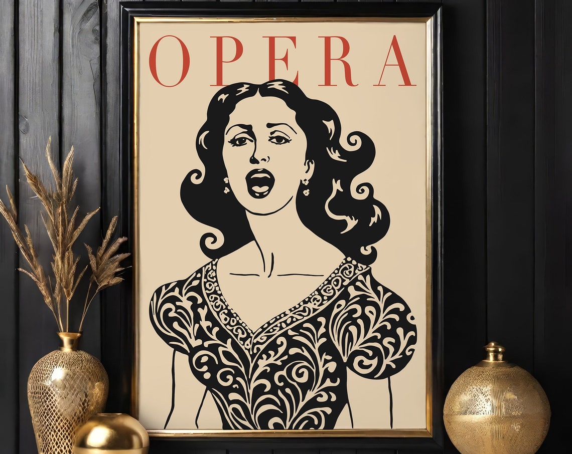 Vintage Opera Diva Singing Portrait Bold Red Black Retro Poster