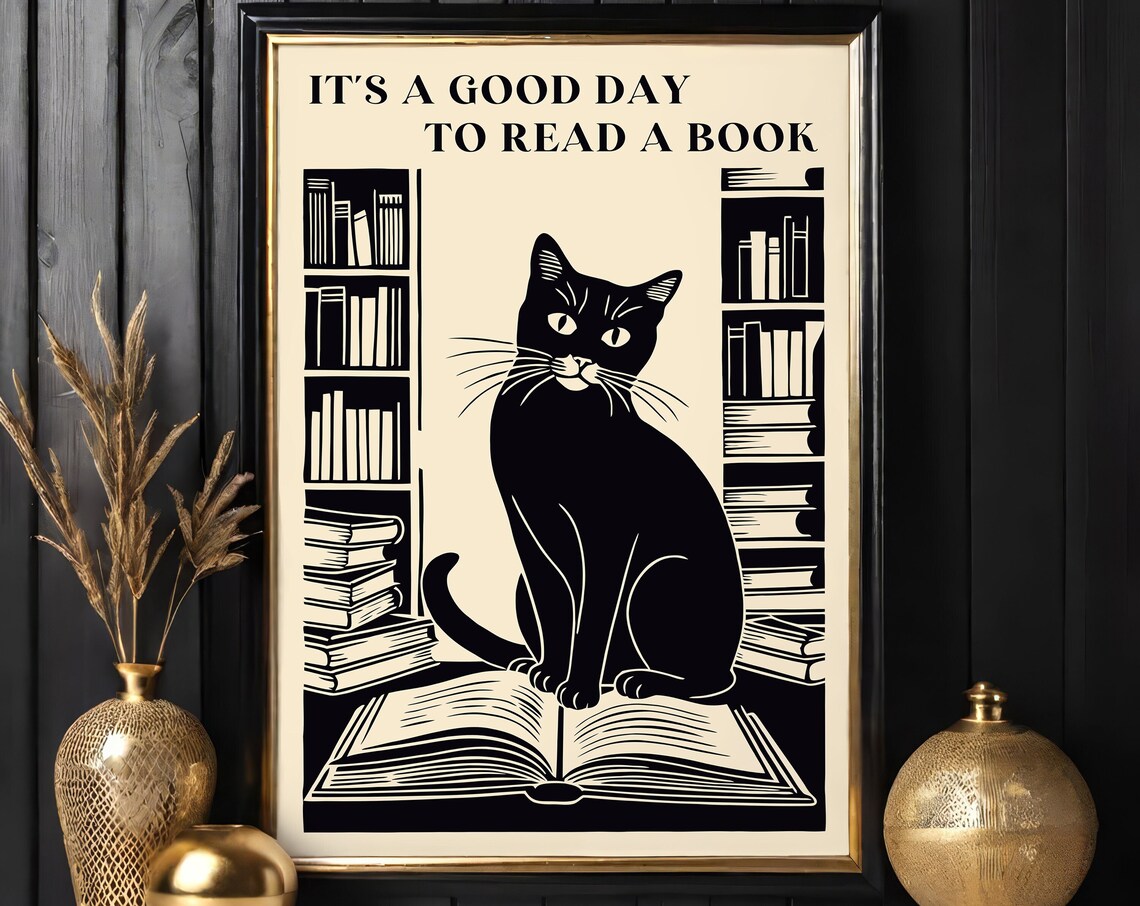 Good Day To Read A Book Black Cat Library Literary Quote Print