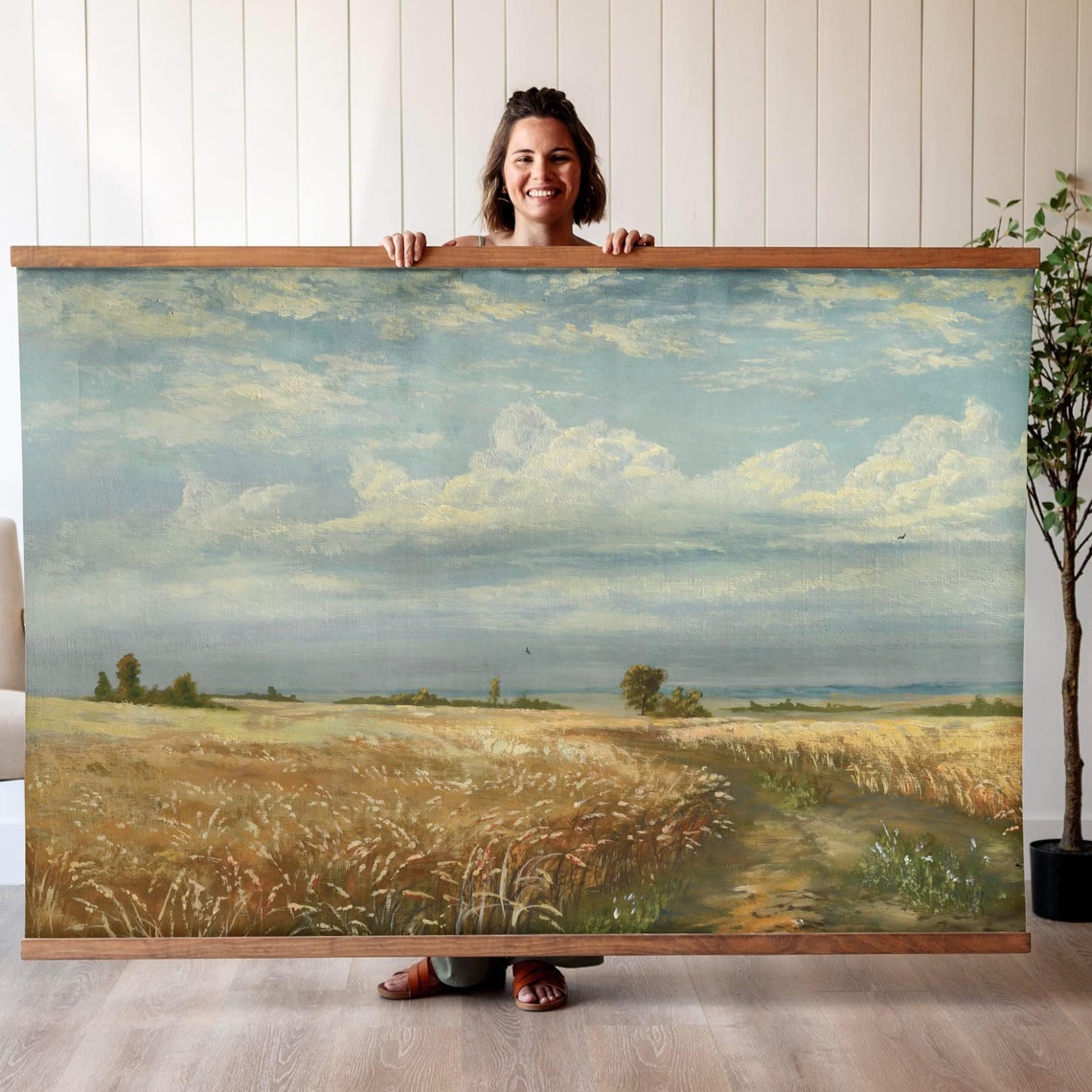 Golden Wheat Field under Dramatic Cloudy Sky Vintage Landscape Poster - Image 3
