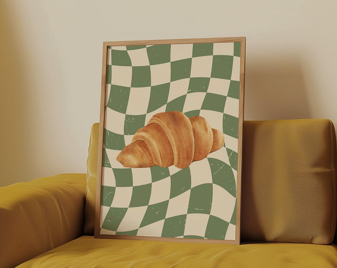 Buttery Croissant On Sage Green Wavy Retro Checkerboard Poster - Image 3