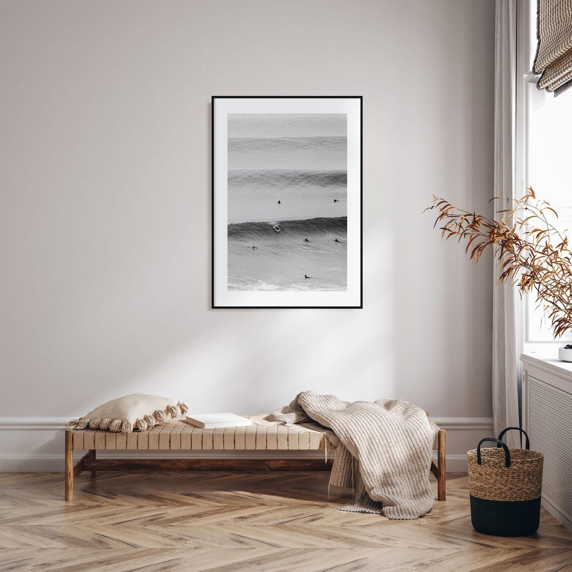 Distant Surfers Waiting On Rolling Ocean Swells Black And White Poster - Image 2
