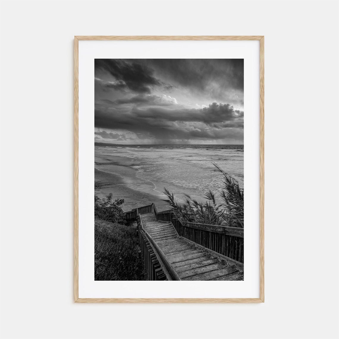 Encinitas No 3 Black And White Beach Stairway Storm Clouds Poster