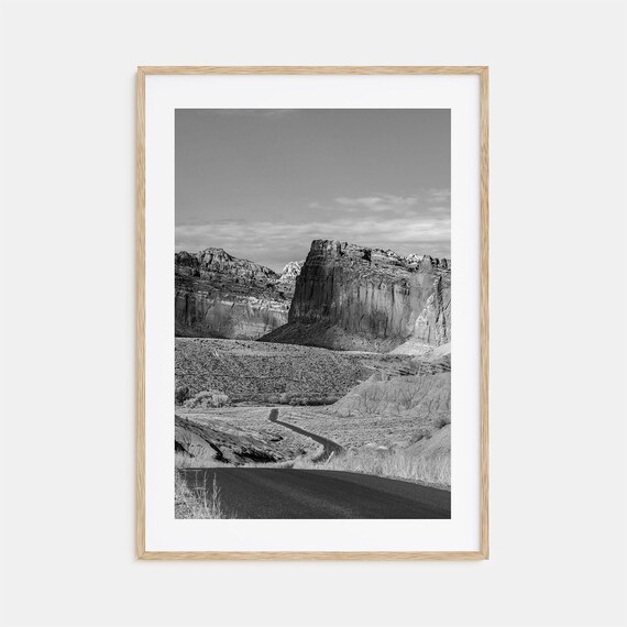 Capitol Reef National Park Desert Road Cliffs Black and White Poster