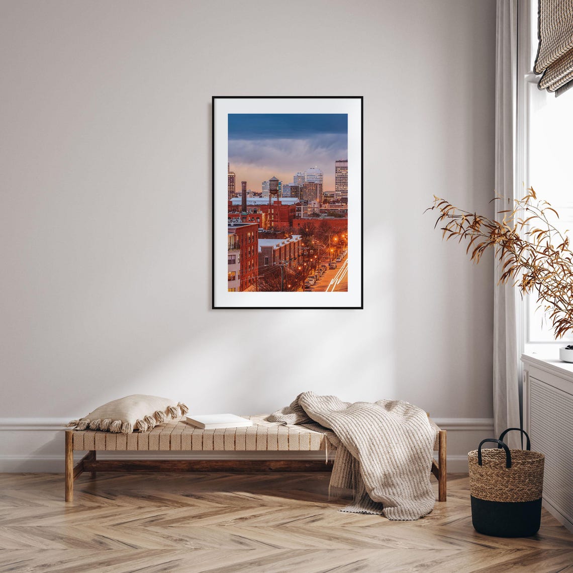 American City Skyline at Dusk Water Tower Brick Rooftops Urban Poster - Image 2