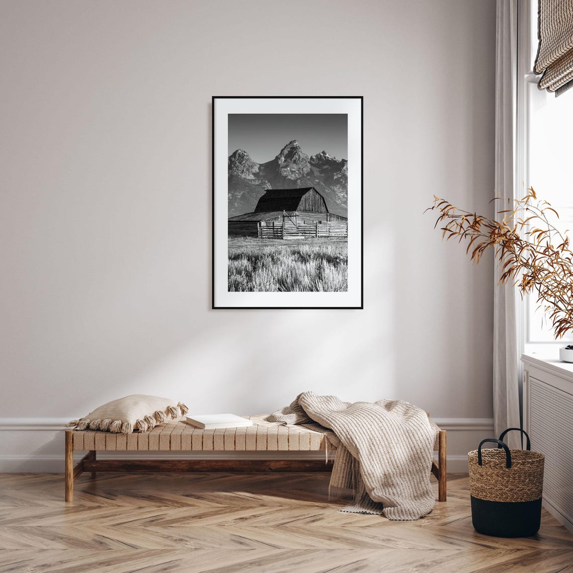 Jackson Hole Moulton Barn Grand Teton Mountains Black and White Poster - Image 2