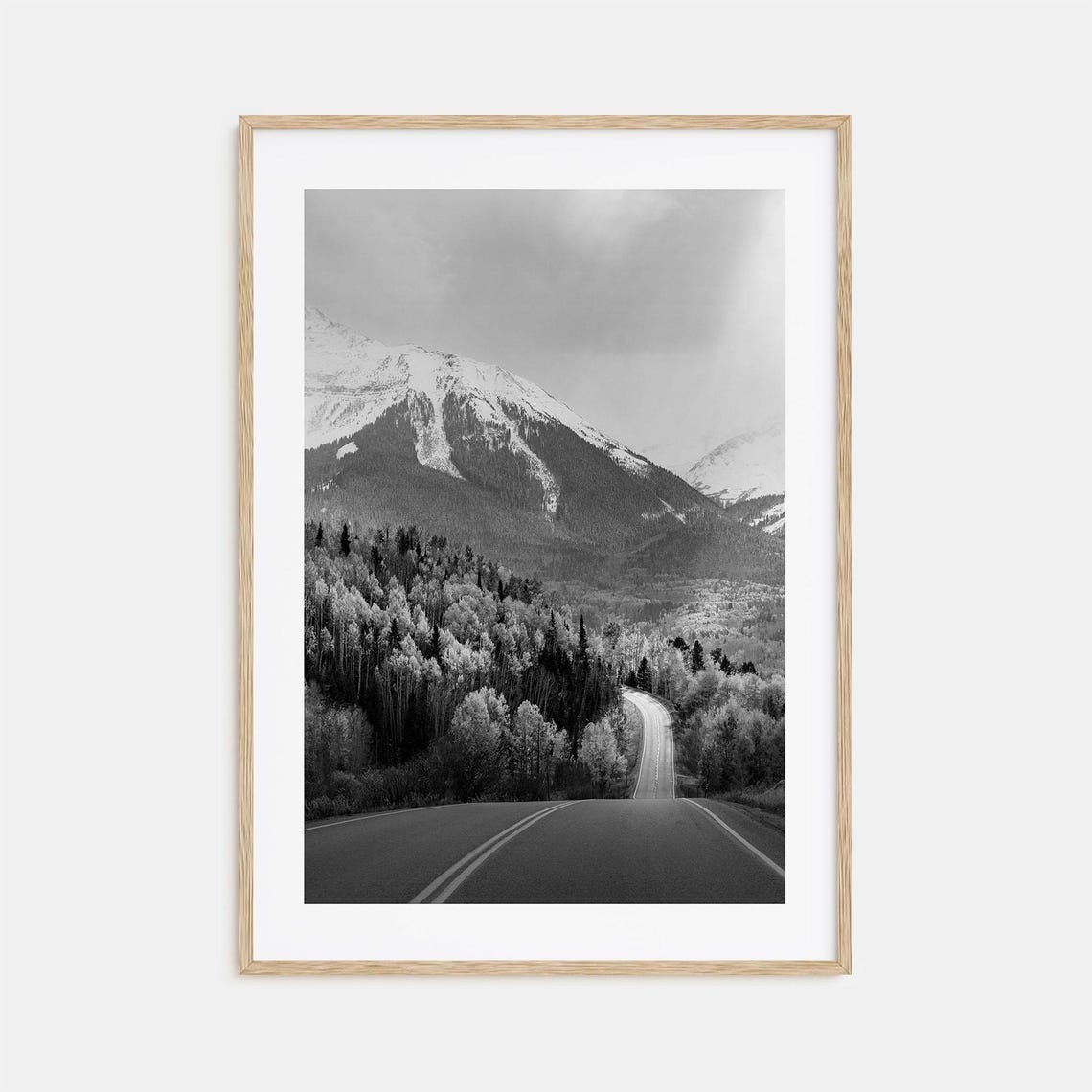 Mountain Road Through Tall Forest Black and White Highway Poster