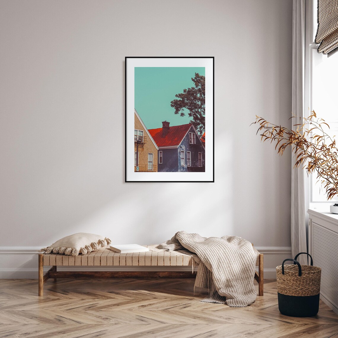 Vintage Brick Townhouses Red Metal Roof Against Teal Sky Poster - Image 2