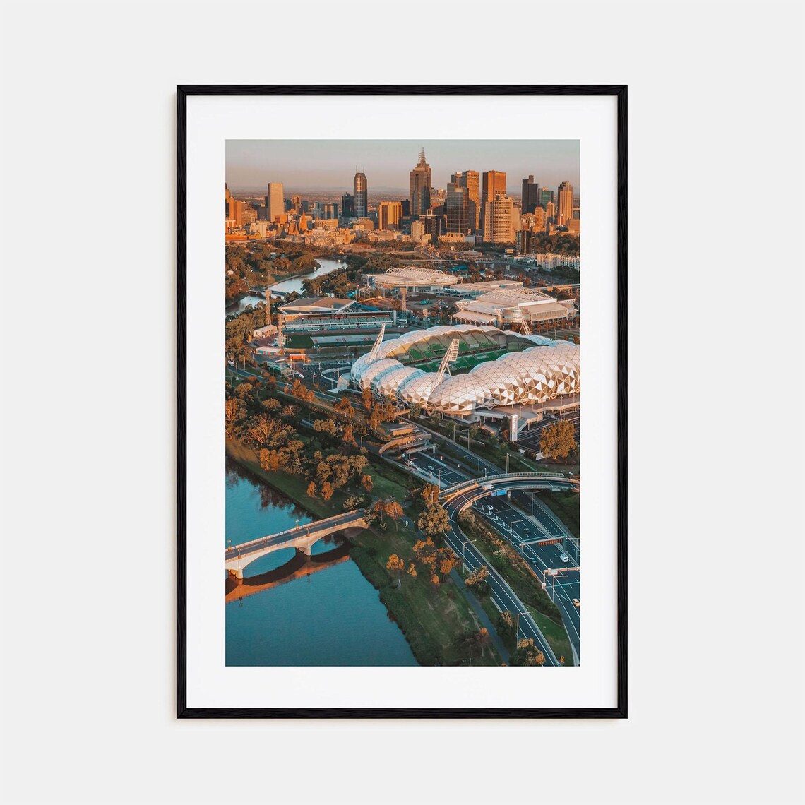 Melbourne Stadium Park Aerial Golden Hour City Skyline Poster