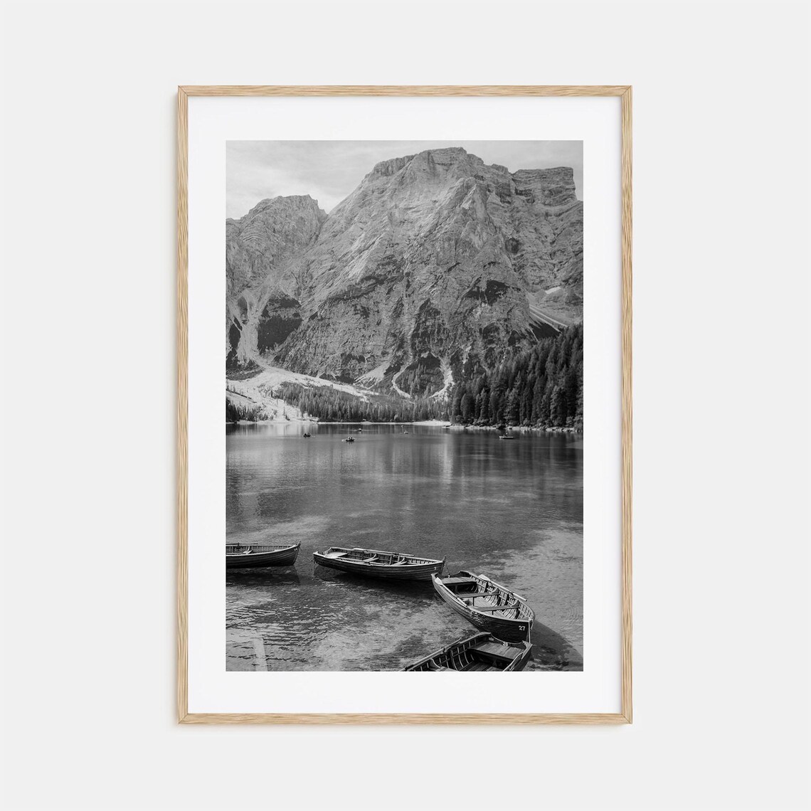 Alpine Lake Rowboats Mountain Face Black and White Photo Poster