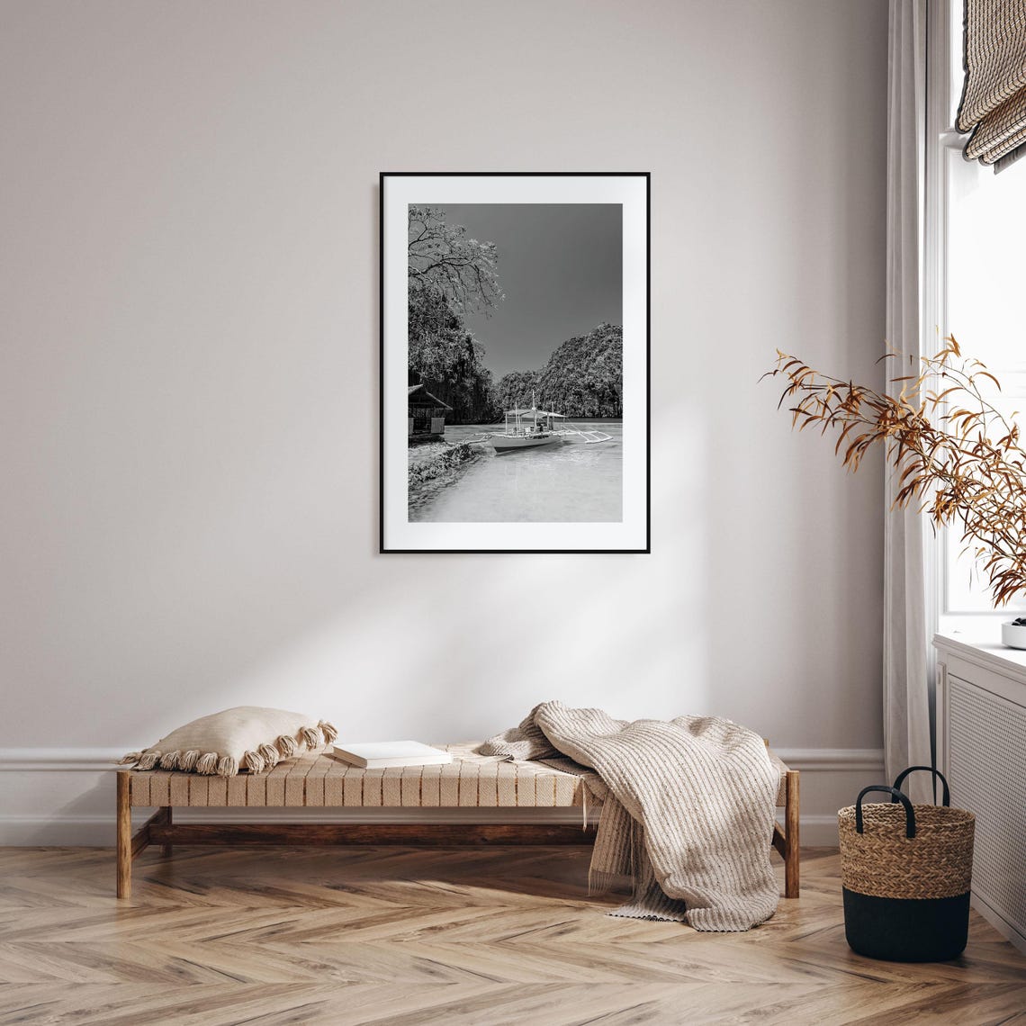 Philippines Tropical Cove Outrigger Boat Black And White Poster - Image 2