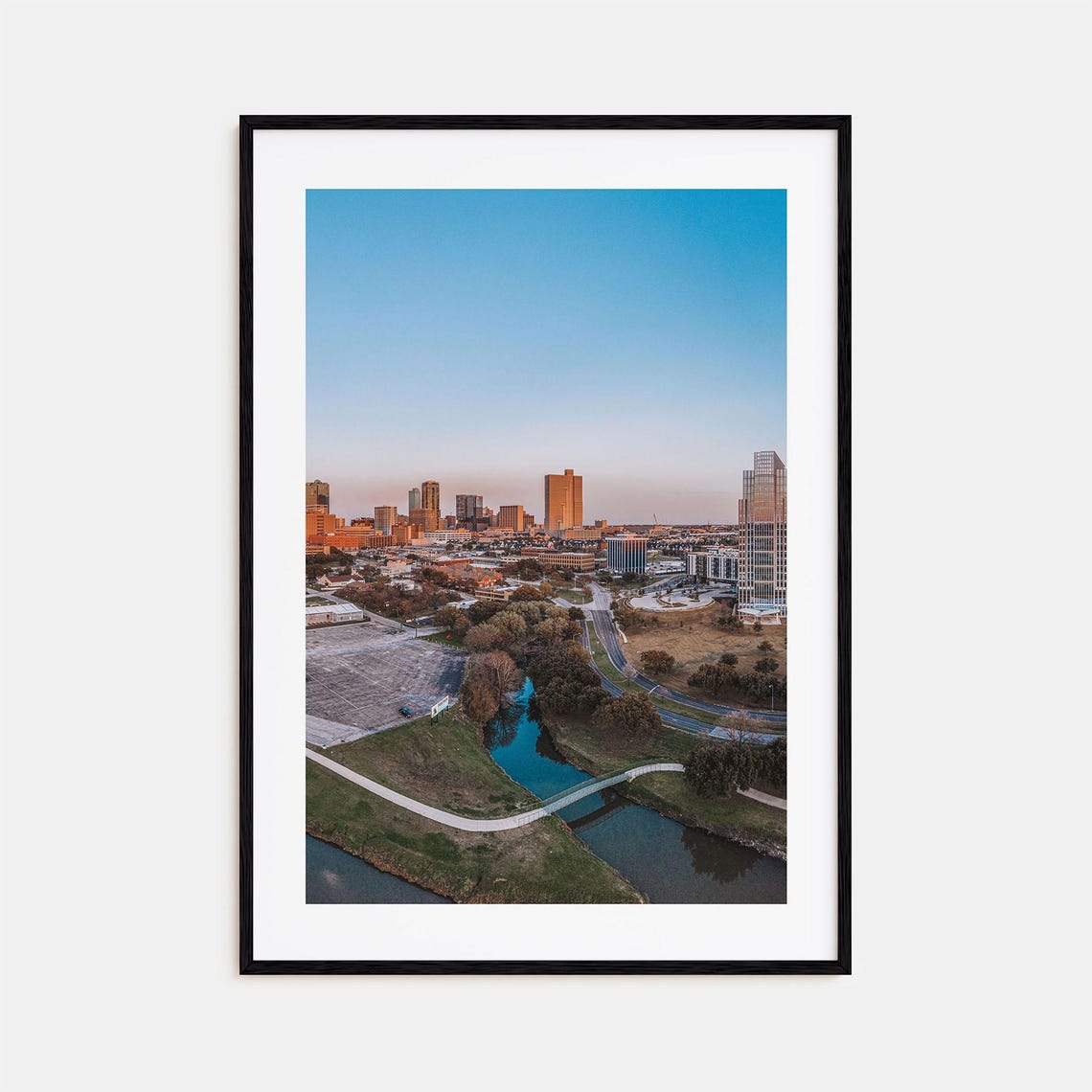 Fort Worth Texas Skyline Aerial River Bridge Sunset Photo Poster