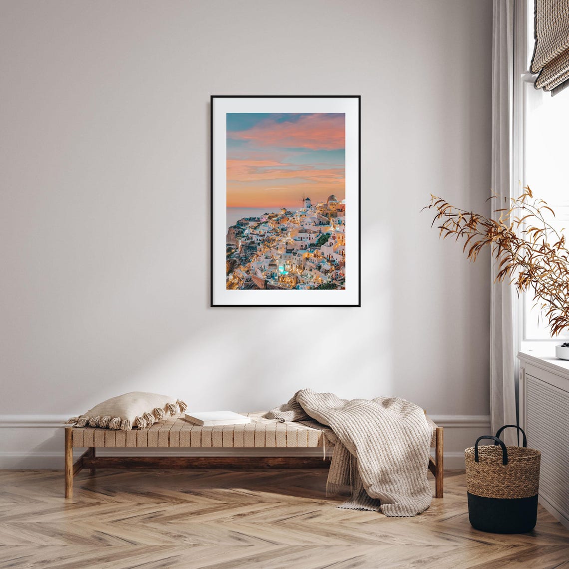 Greece Santorini Whitewashed Village Above the Sea Sunset Print - Image 2