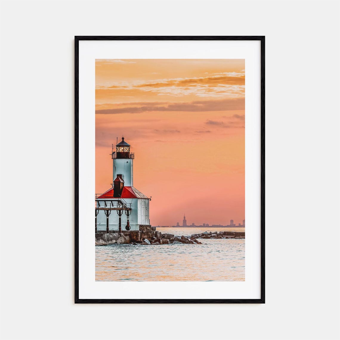 Lake Michigan Lighthouse Sunset Orange Sky Distant City Skyline Poster