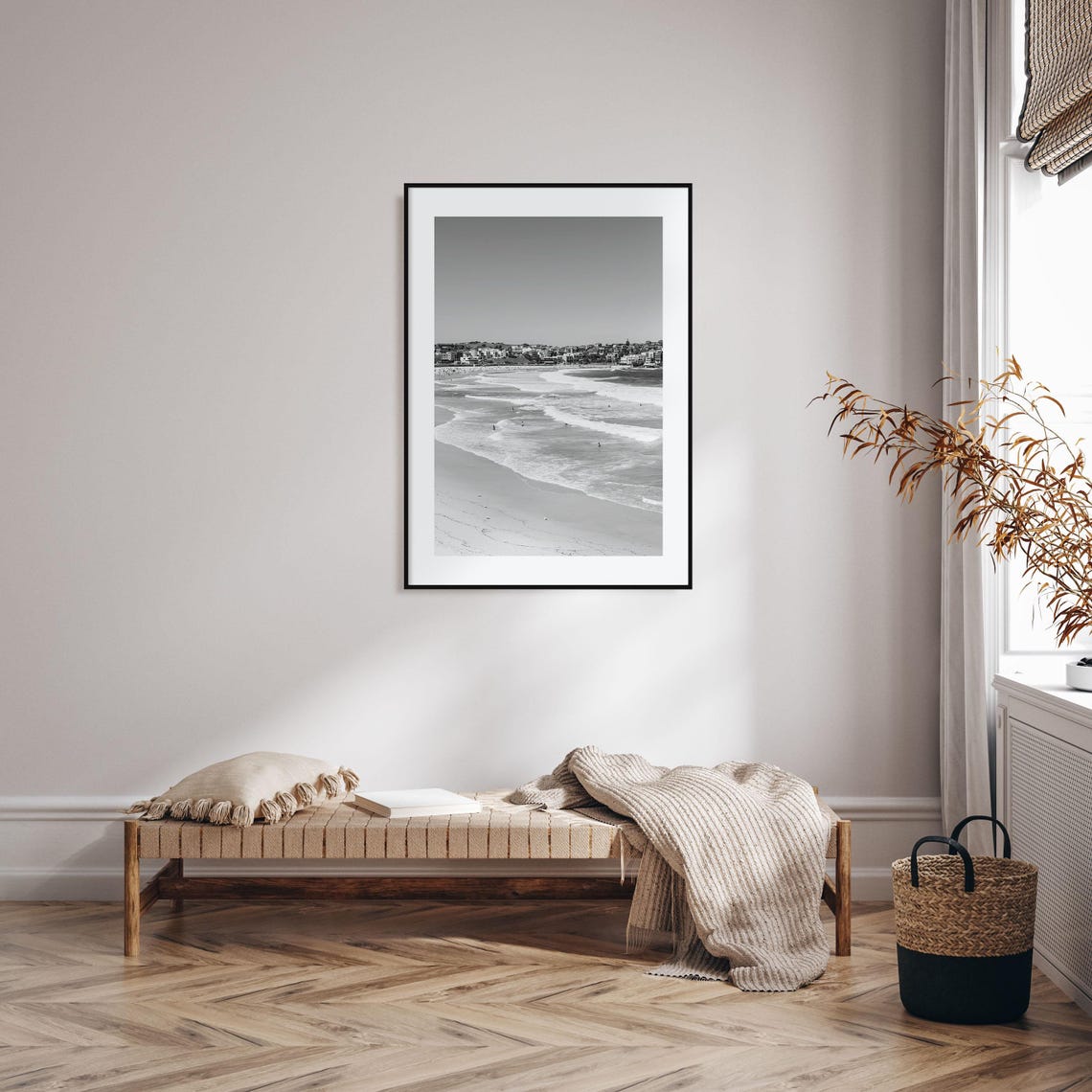 Bondi Beach Surfers Ocean Panorama Black and White Photo Poster - Image 2