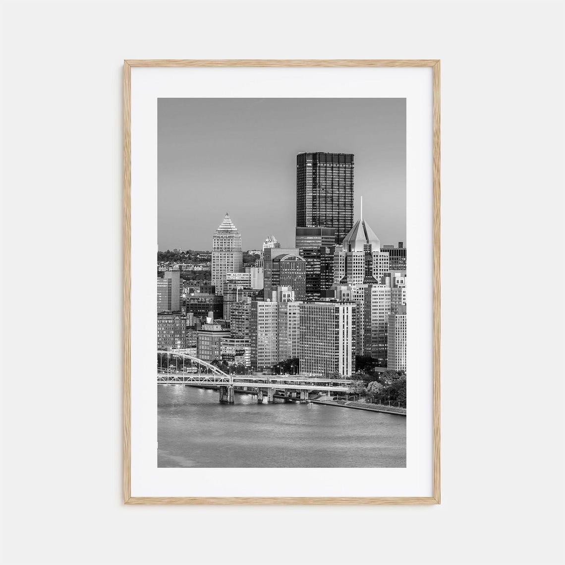 Pittsburgh Downtown Skyline River Bridge Black And White Poster