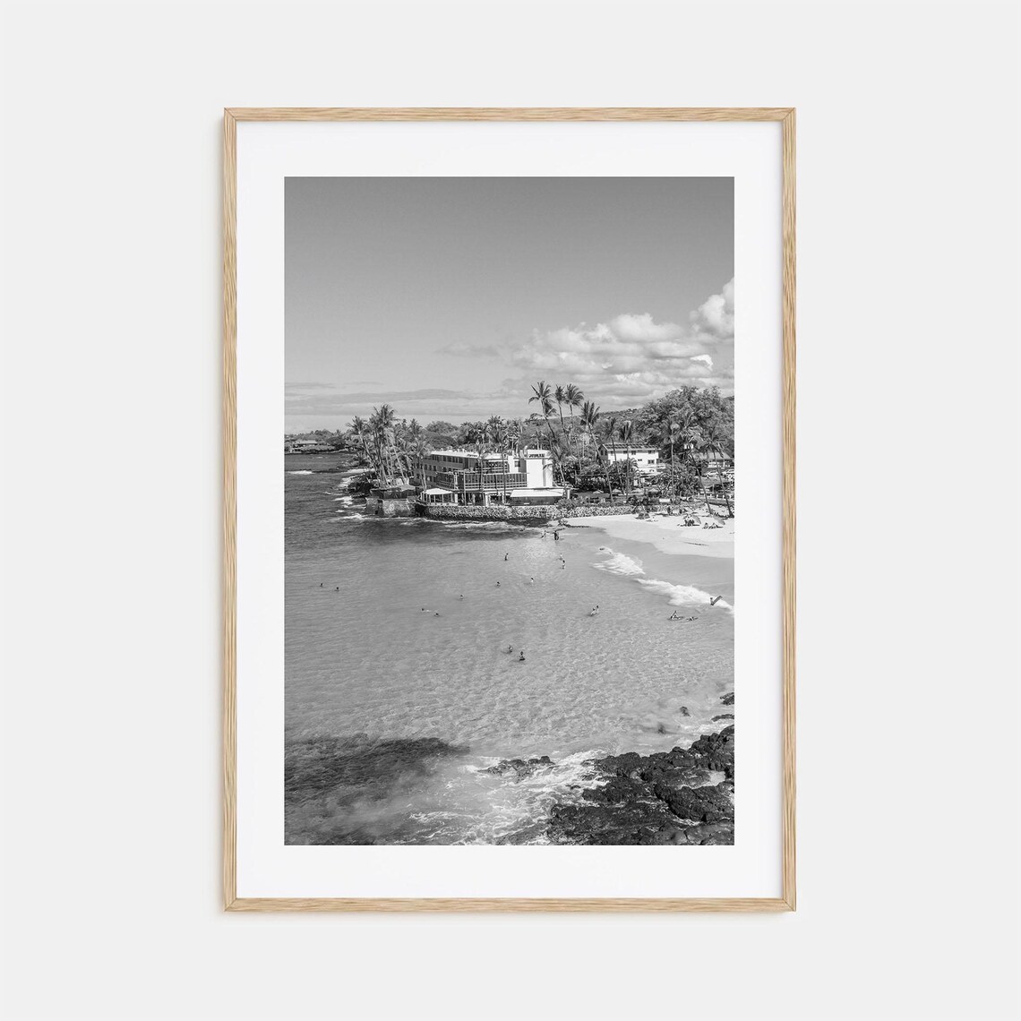 Kailua Kona Beach Cove Swimmers Palms Hawaii Black White Poster