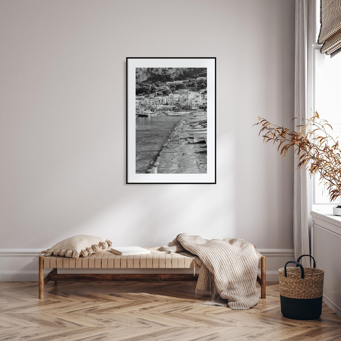Capri Italy Marina Grande Harbor Boats Black and White Poster - Image 2