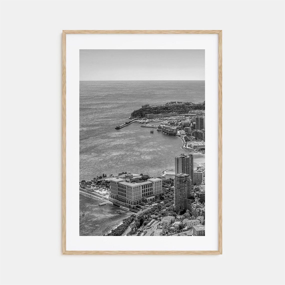 Monaco Harbor Riviera Coastline Aerial Black And White Poster