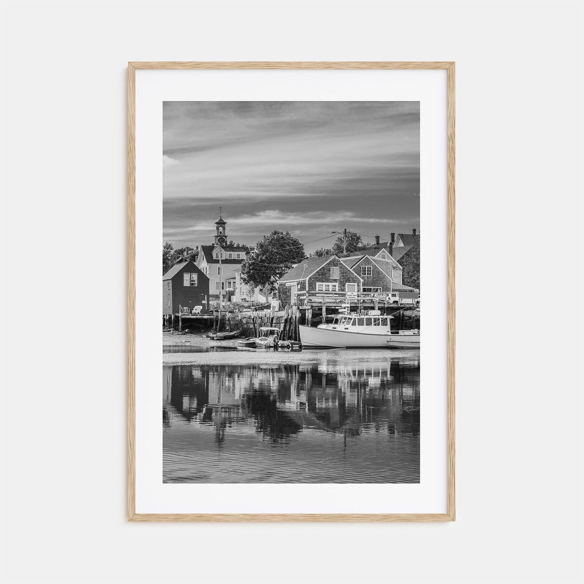 Fishing Village Harbor Boats Reflections Coastal Black White Poster