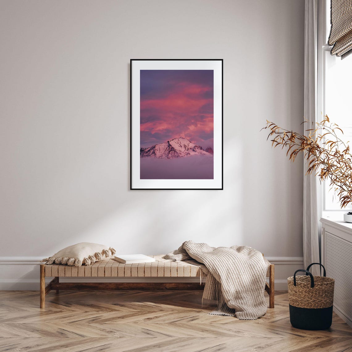 Big Sky Snow Peak Rising Above Clouds in a Pink Sunset Poster - Image 2