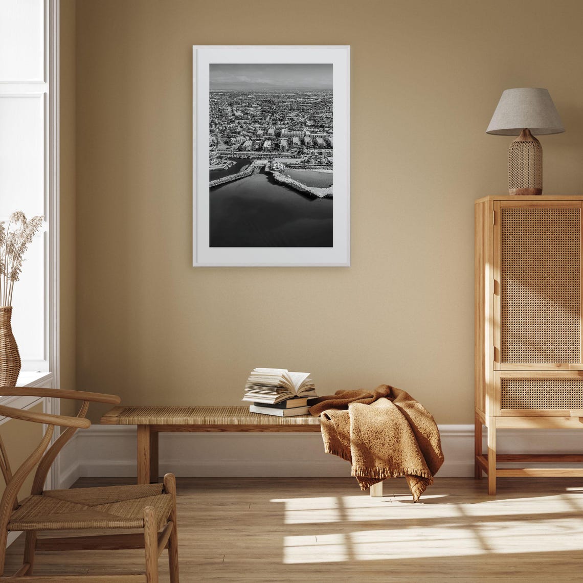 Redondo Beach Pier Aerial Harbor Black and White Photo Poster - Image 3