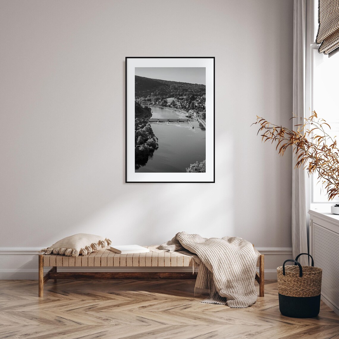 Belgium River Bend Hillside Bridge Black and White Photo Poster - Image 2