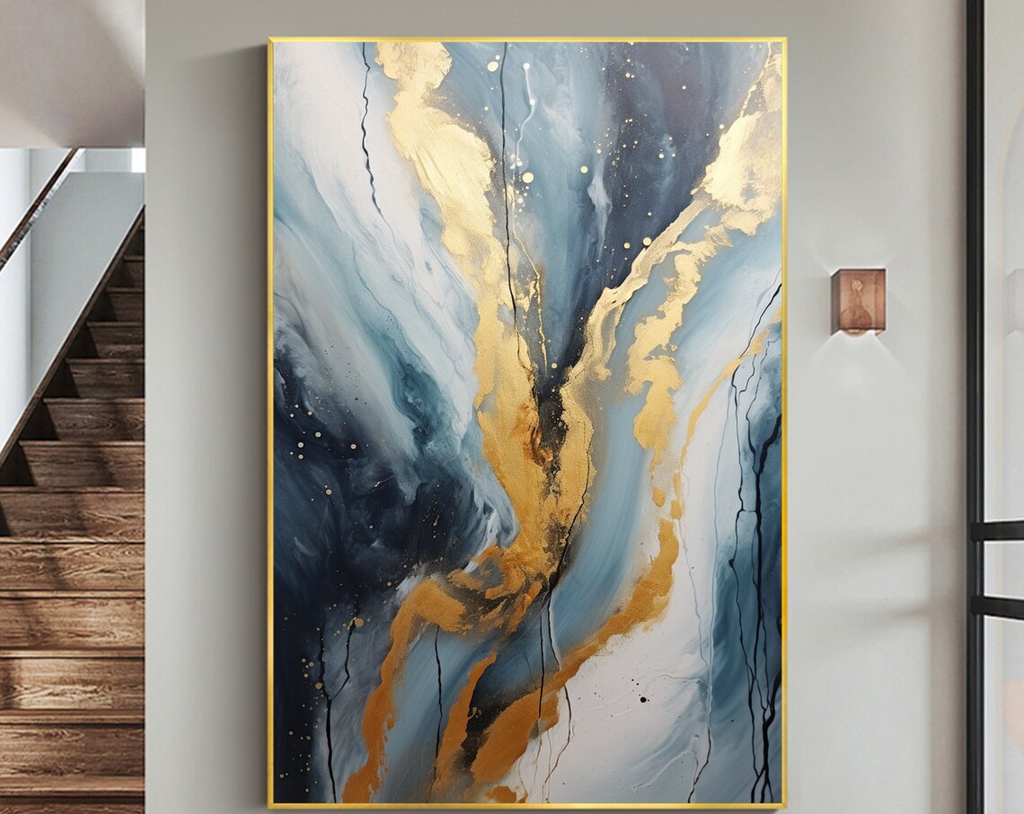 Blue Gray Gold Vein Marble Abstract Vertical Oil Painting Art Print