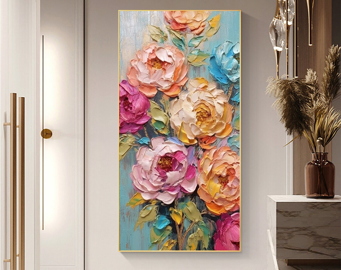 Lush Peony Bouquet Bursting in Pink and Peach on Teal Poster