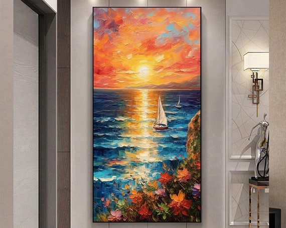 Original Nautical Oil Painting On Large Wall Art Abstract Ocean Sunset Landscape Painting Custom Painting Living Room Wall Decor