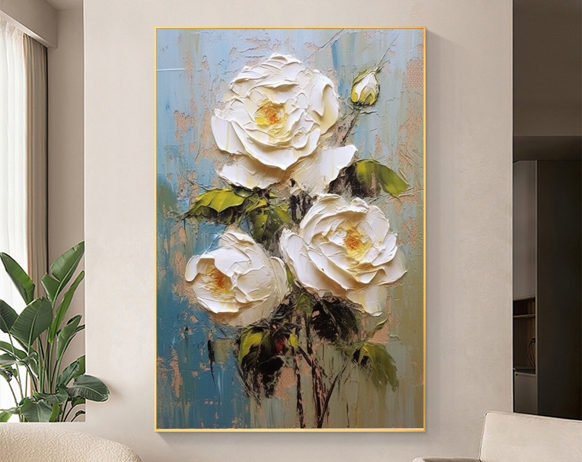 White Impasto Roses Blooming on Textured Blue Background Poster