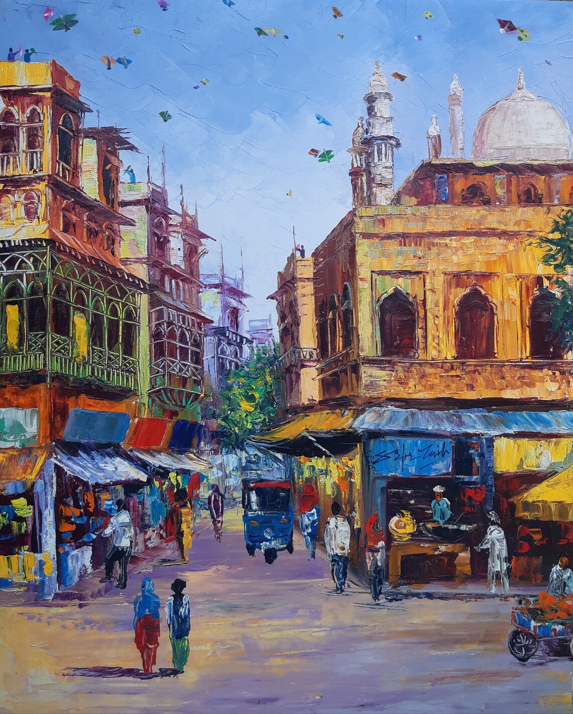 Old Cityscape Indian Art Oil Painting, Textured Wall Art - Image 3