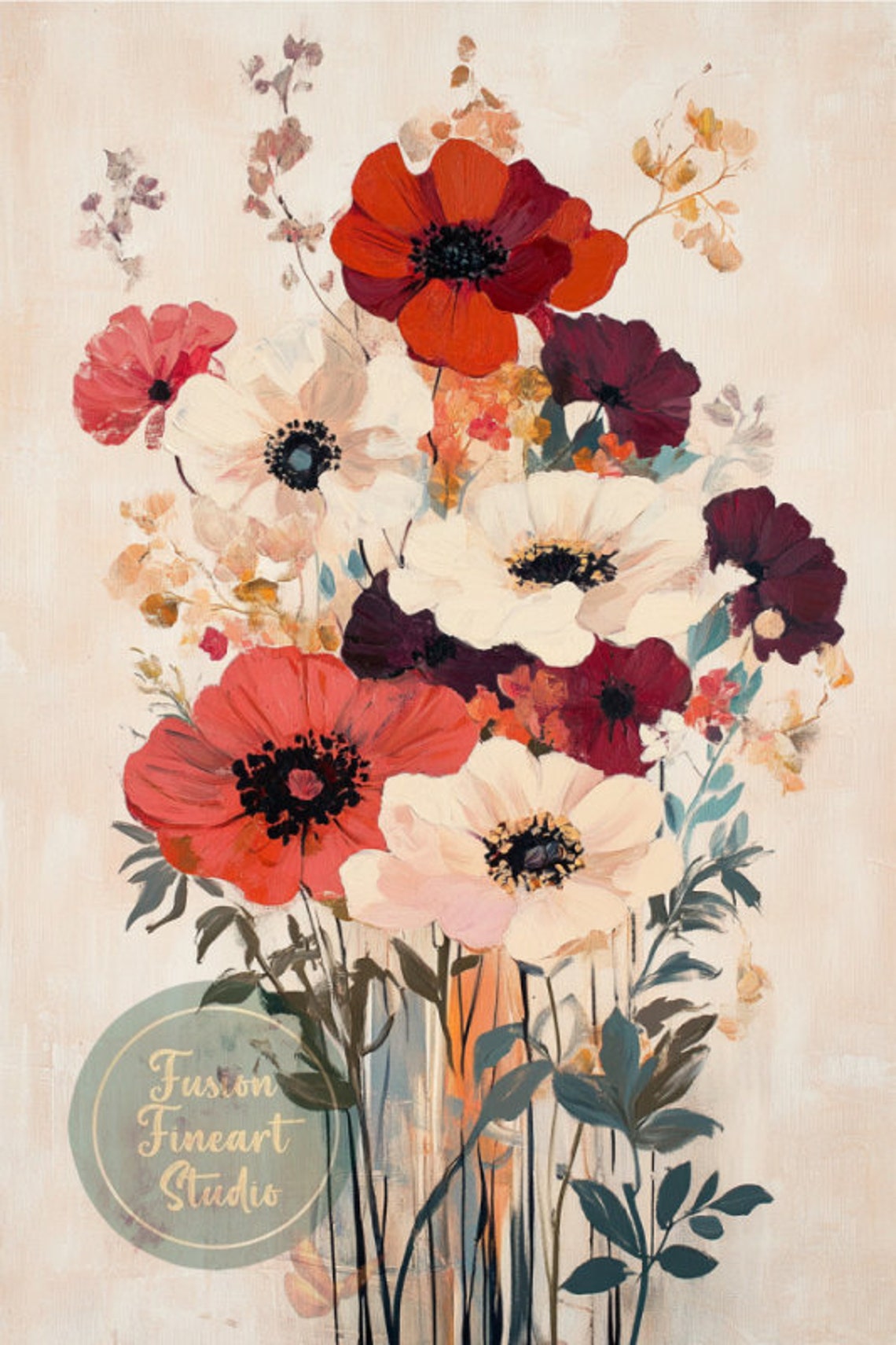 Red White Anemone Bouquet Vintage Floral Painting Cream Poster - Image 3