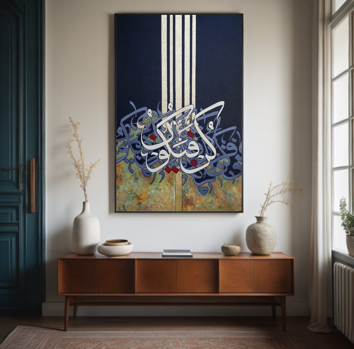 Navy Blue Vertical Islamic Calligraphy Striped Abstract Art Poster - Image 2