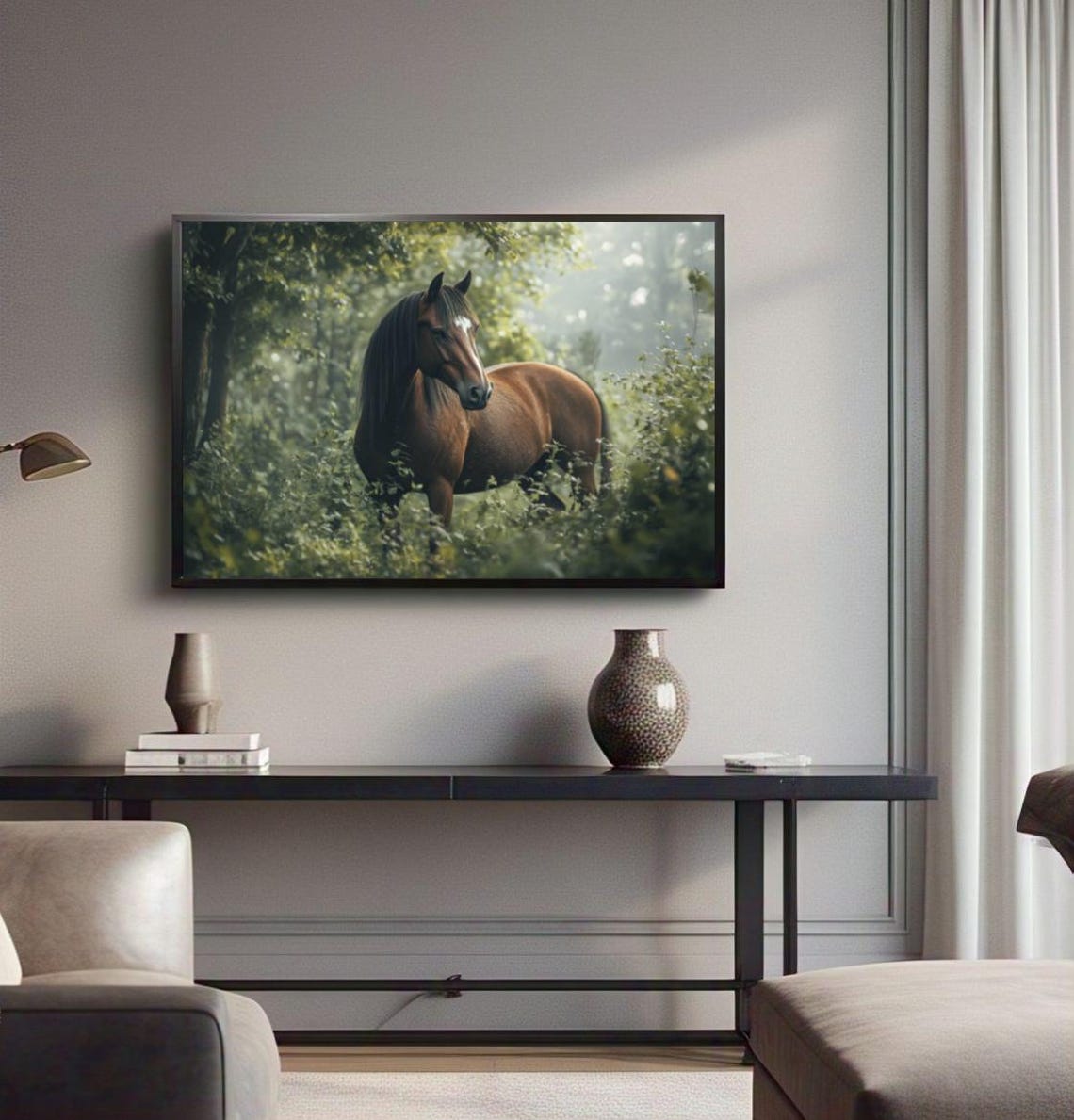 Brown Horse Sunlit Green Forest Clearing Peaceful Scene Poster - Image 2