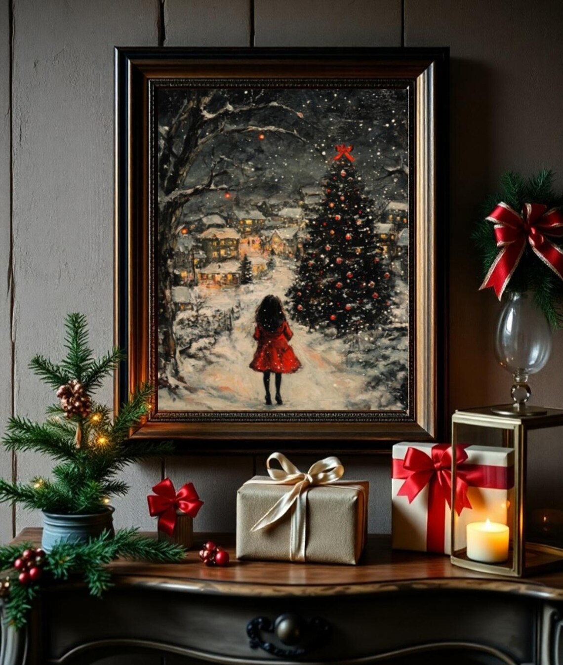 Girl in Red Coat Snowy Christmas Tree Village Night Scene Poster - Image 2