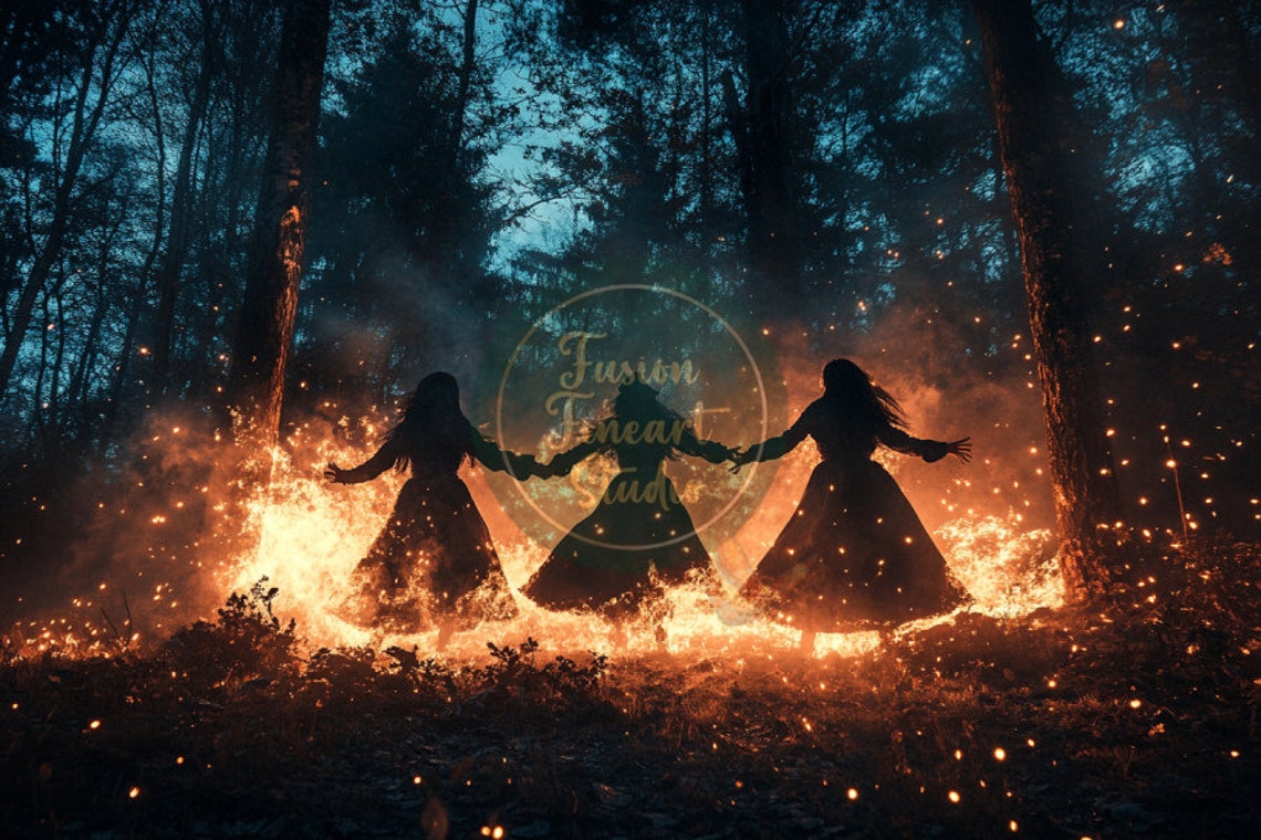 Three Witches Dancing Around Fire in Dark Forest Night Gothic Poster - Image 3