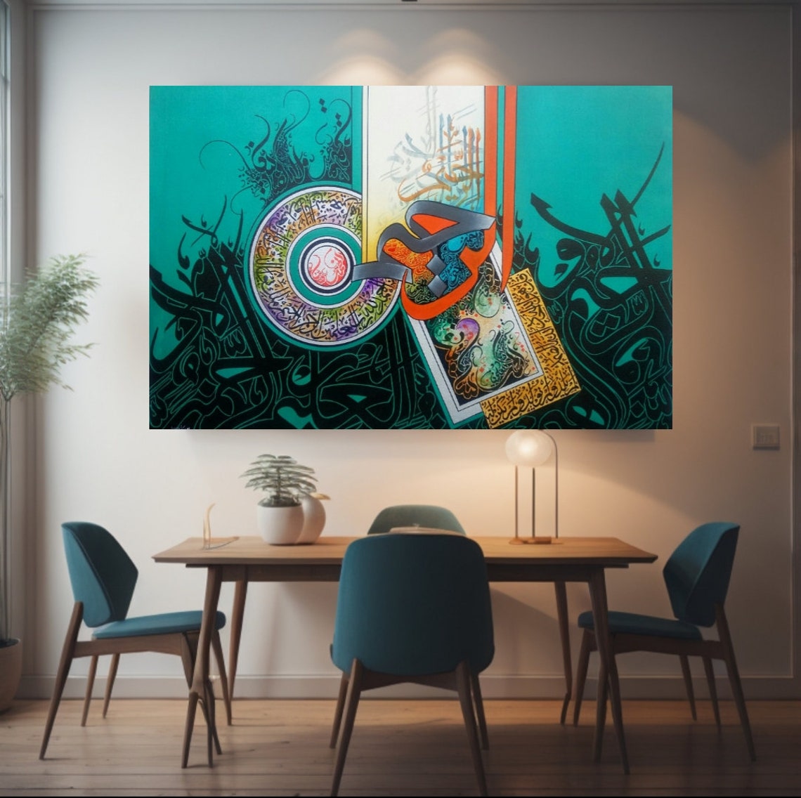 Teal Abstract Islamic Calligraphy White Script Modern Poster - Image 2