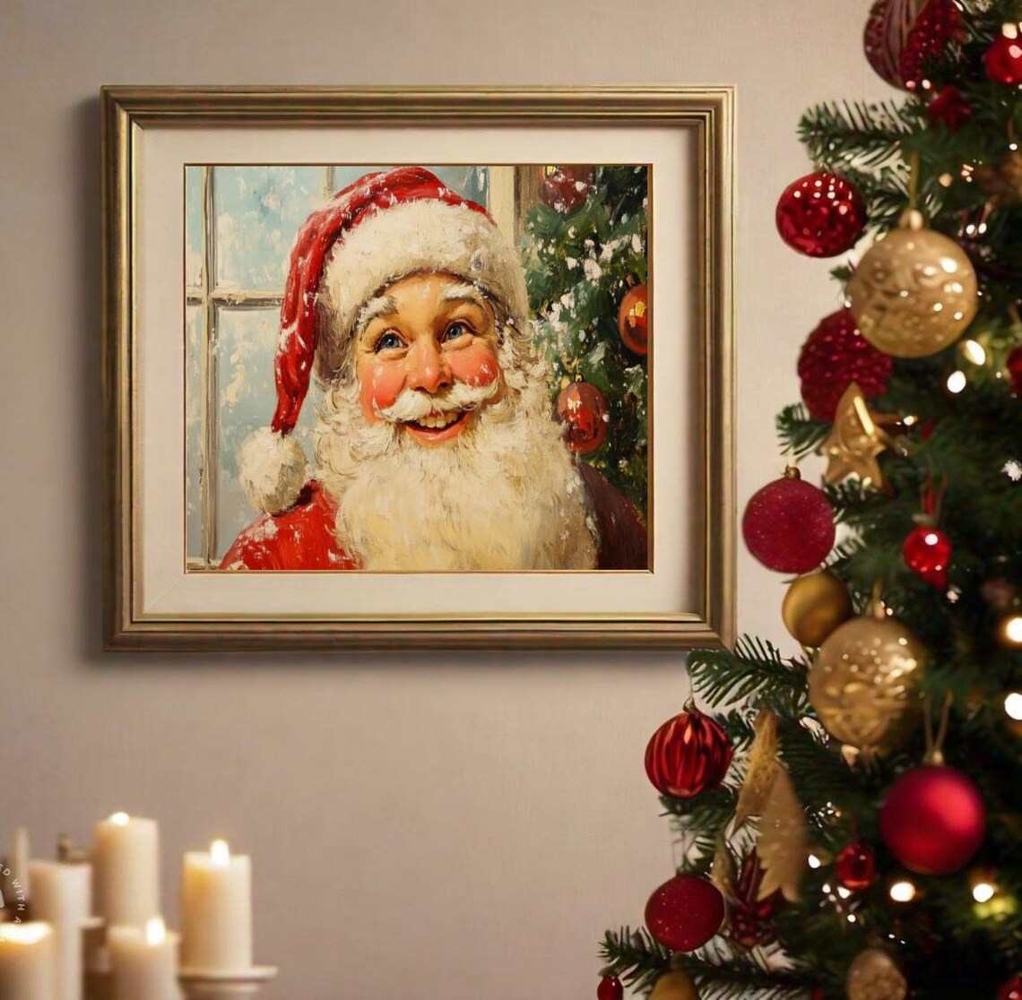 Vintage Santa Claus Smiling Portrait Window Christmas Painting Poster - Image 2